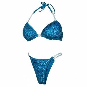 Custom Teal Blue Crystal Sequin Fitness Competition Bikini Set NPC IFBB Posing